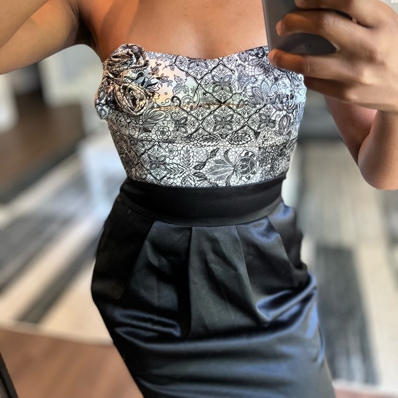 Black and White Floral Formal Mini Dress with 2 Pockets, Juniors 7 - Picture 7 of 7